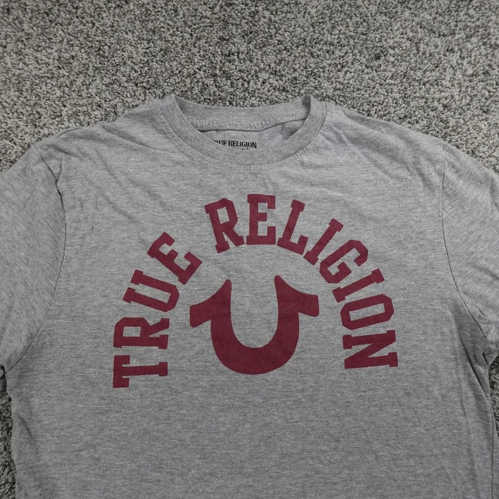 True Religion‎ Shirt Mens M Gray Graphic Horseshoe Spell Out Logo Crewneck Tee